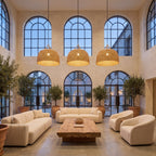 Three Handwoven Rattan Japandi Pendant Lights, Ø55 cm, in a double-height hotel lounge