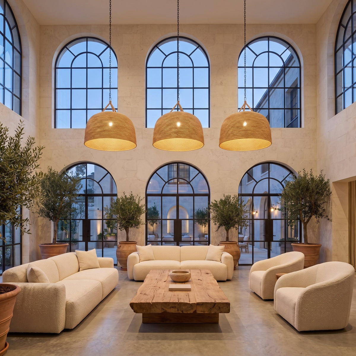 Three Handwoven Rattan Japandi Pendant Lights, Ø55 cm, in a double-height hotel lounge
