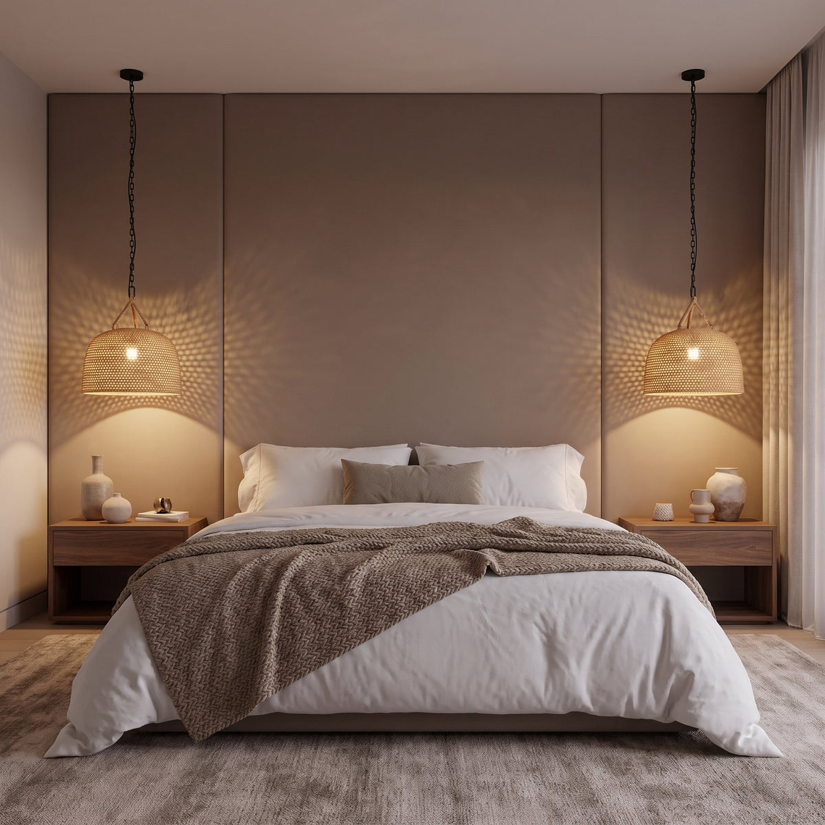 A pair of Handwoven Rattan Japandi Pendant Lights, Ø35 cm, above bedside tables in a hotel suite