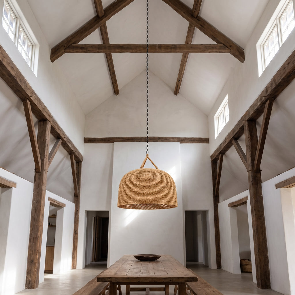 Handwoven Rattan Japandi Pendant Light, Ø55 cm, under a vaulted timber-beam ceiling