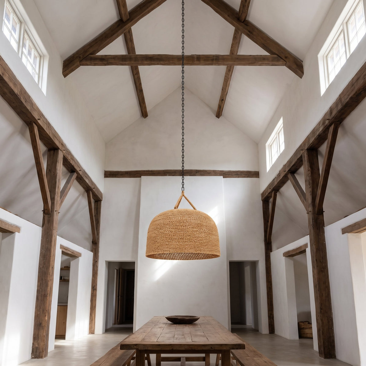Handwoven Rattan Japandi Pendant Light, Ø55 cm, under a vaulted timber-beam ceiling