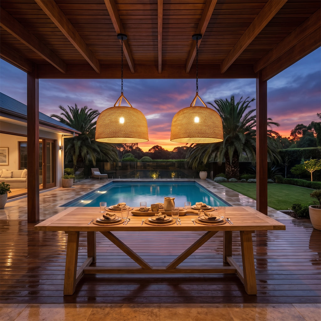 A pair of Handwoven Rattan Japandi Pendant Lights glowing over an alfresco table at dusk by the pool