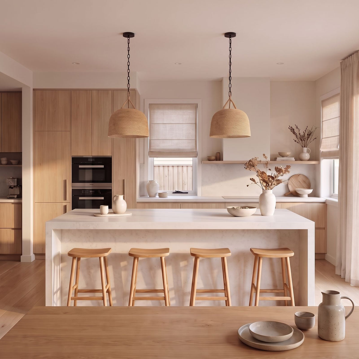 A pair of Handwoven Rattan Japandi Pendant Lights, Ø55 cm, above a stone kitchen island