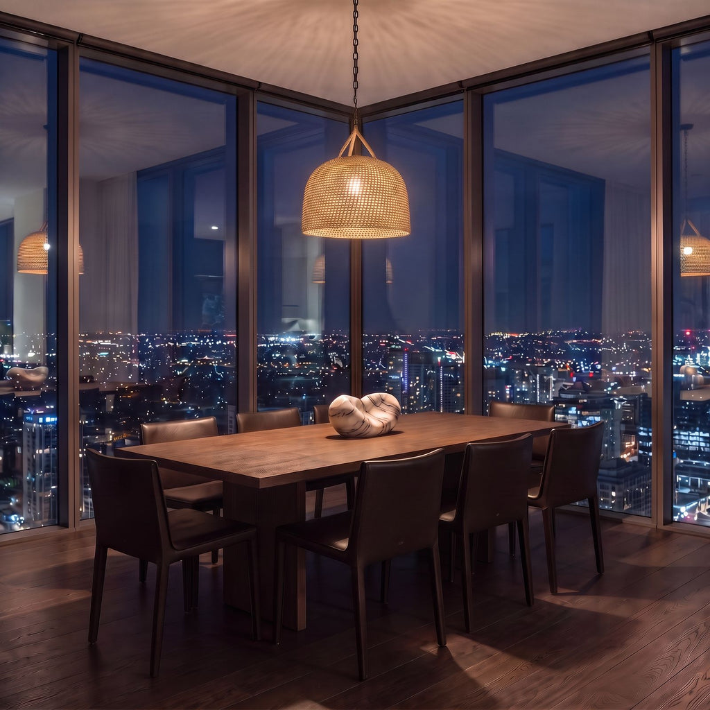 Handwoven Rattan Japandi Pendant Light, Ø55 cm, above a dining table in a city penthouse at night