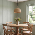 Handwoven Rattan Japandi Pendant Light, Ø35 cm, above a round table in a farmhouse breakfast nook