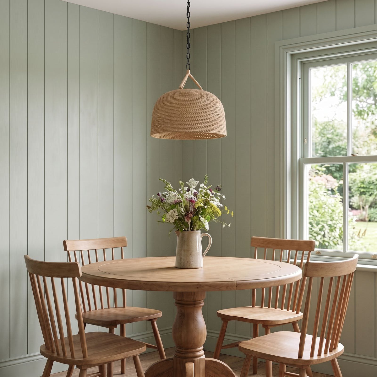 Handwoven Rattan Japandi Pendant Light, Ø35 cm, above a round table in a farmhouse breakfast nook