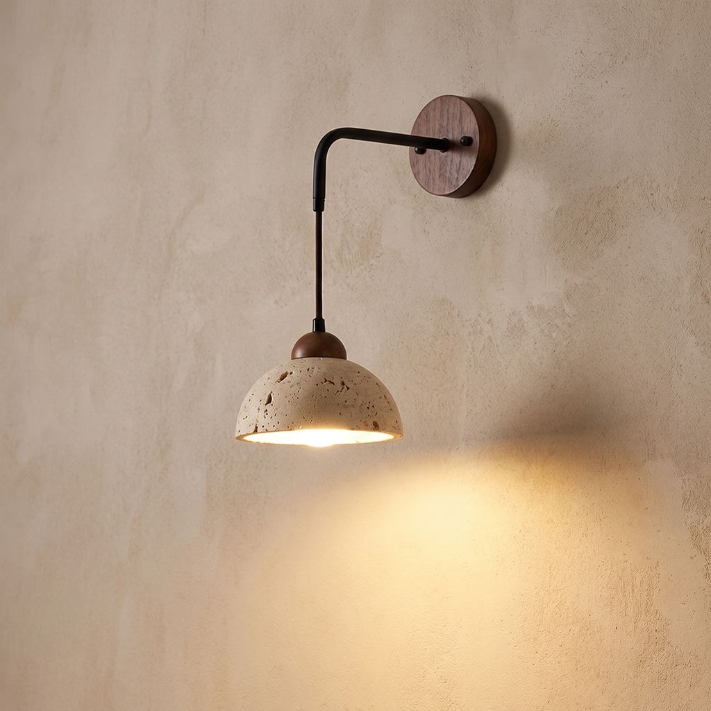 Hanging Travertine Shade LED Wall Light, close view at 45 degrees on a plaster wall