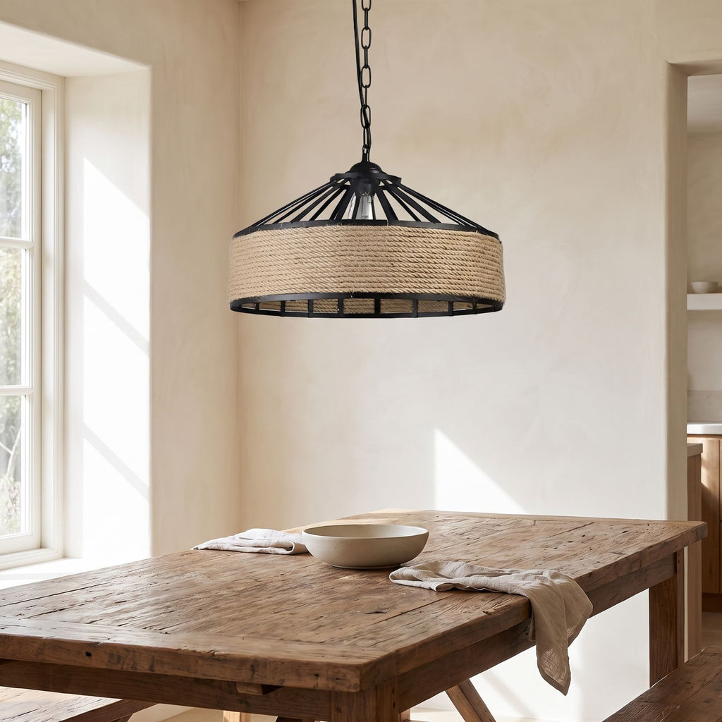 Hemp Rope and Iron Cage Pendant Light above a timber dining table