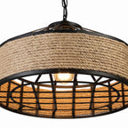 Hemp Rope and Iron Cage Pendant Light, close view from below