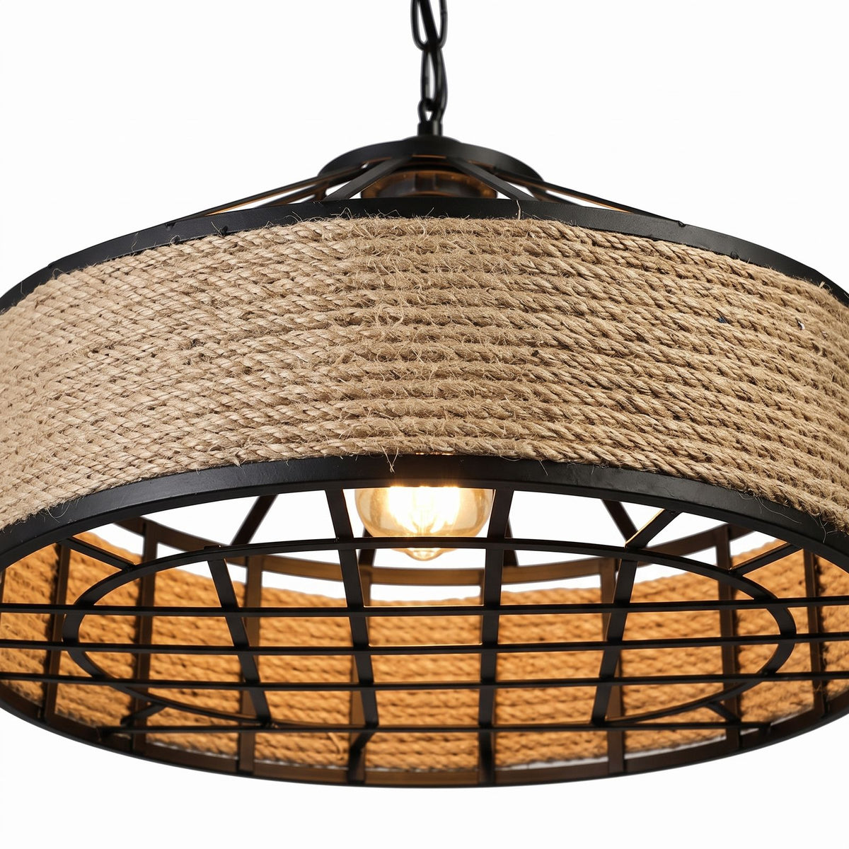Hemp Rope and Iron Cage Pendant Light, close view from below