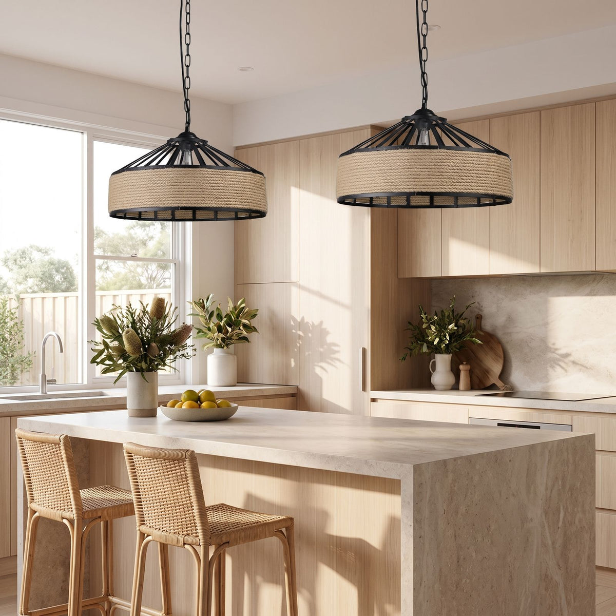 Hemp Rope and Iron Cage Pendant Light in a pair over a stone kitchen island