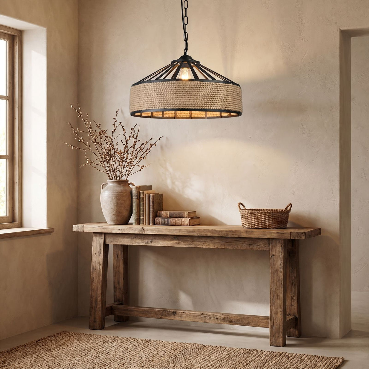 Hemp Rope and Iron Cage Pendant Light above a console in an entry hallway