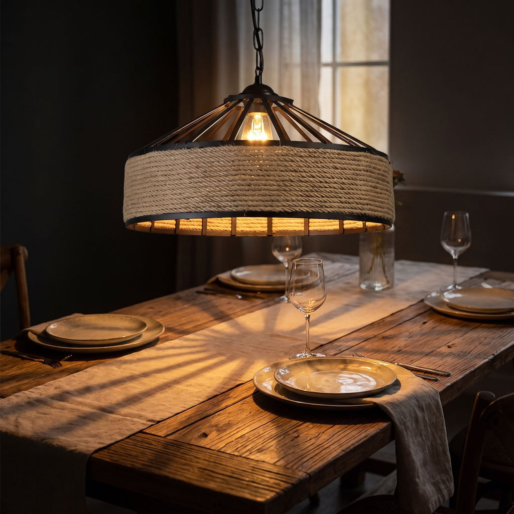 Hemp Rope and Iron Cage Pendant Light above a dining table at night