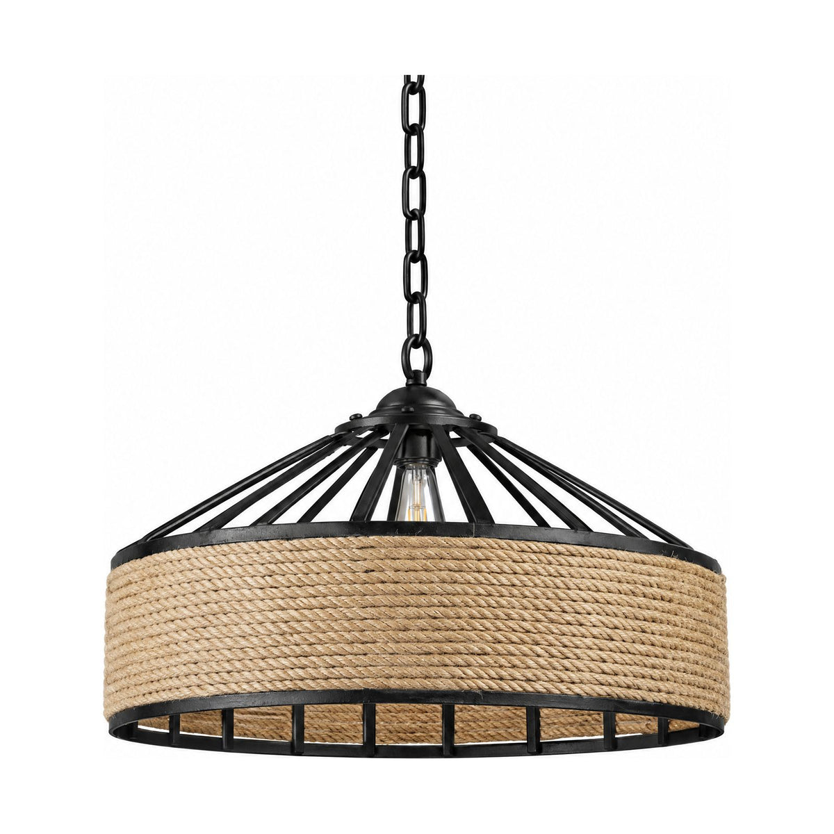 Hemp Rope and Iron Cage Pendant Light with chain suspension on a white background