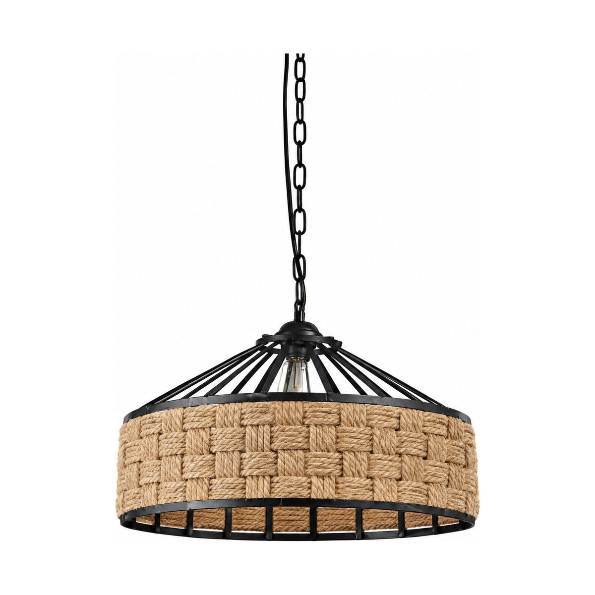 Hemp Rope and Iron Cage Pendant Light with chain suspension and chequered rope band on a white background