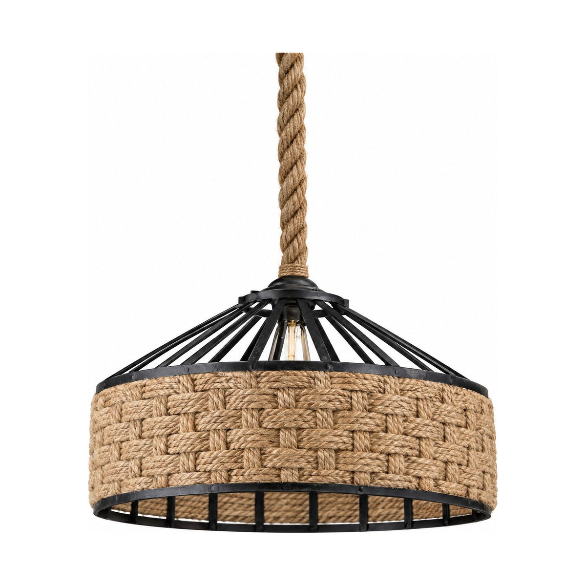 Hemp Rope and Iron Cage Pendant Light with rope suspension and chequered rope band on a white background