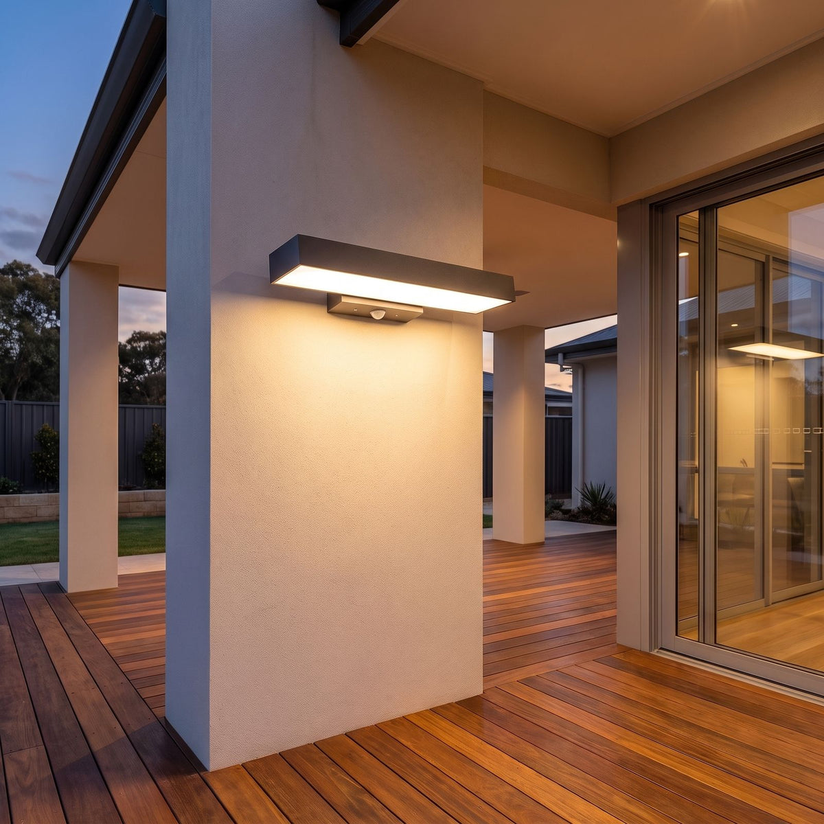 Horizontal flat bar outdoor wall light on a covered alfresco patio wall