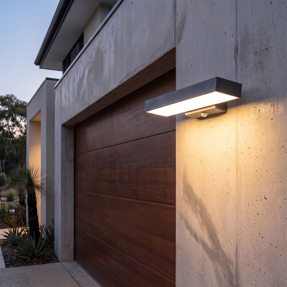 Horizontal flat bar outdoor wall light beside a garage door at dusk