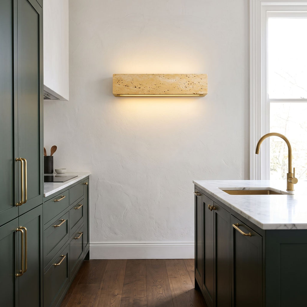 Horizontal Yellow Travertine Bar Wall Light on a kitchen wall