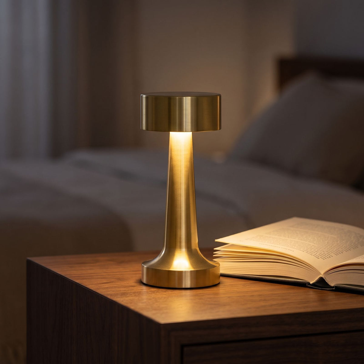 Hourglass Metal Rechargeable Table Lamp in a styled Australian interior with the light on