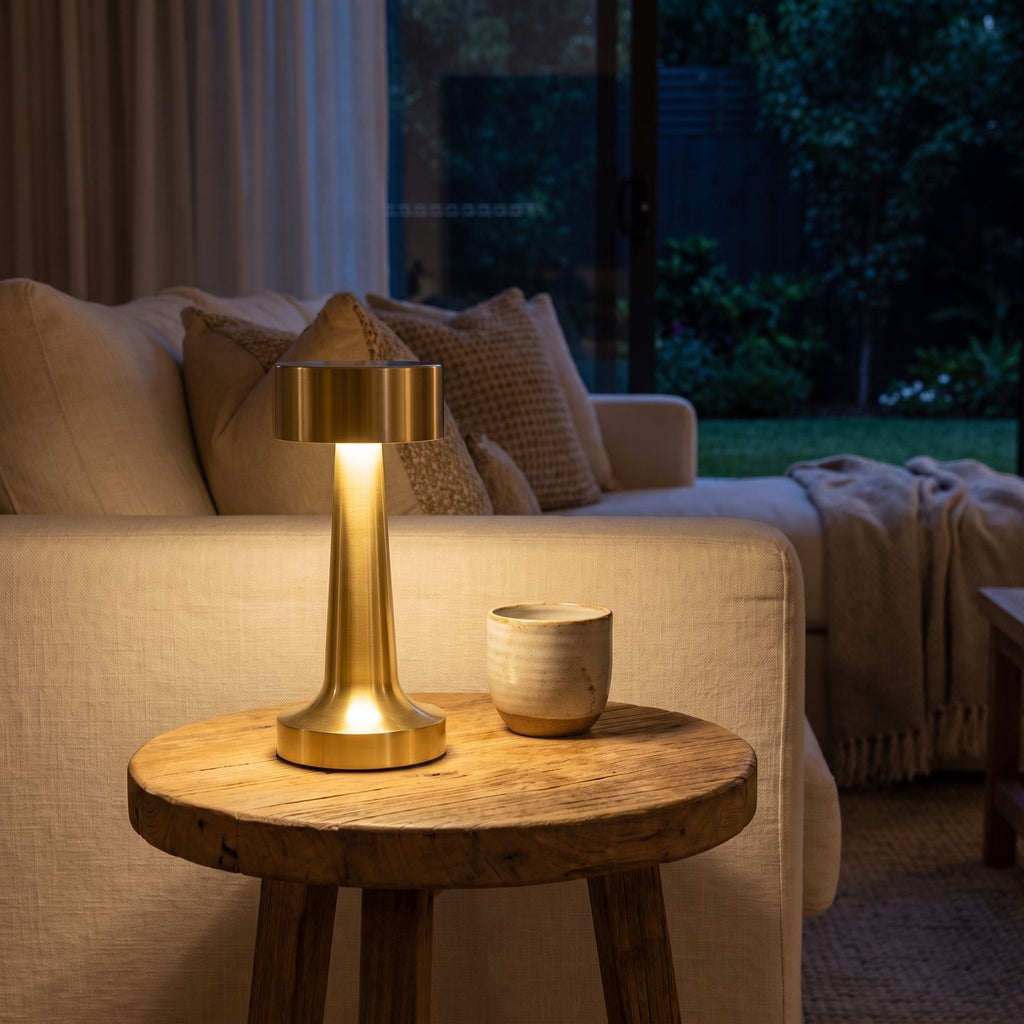 Gold hourglass rechargeable table lamp on a side table beside a sofa