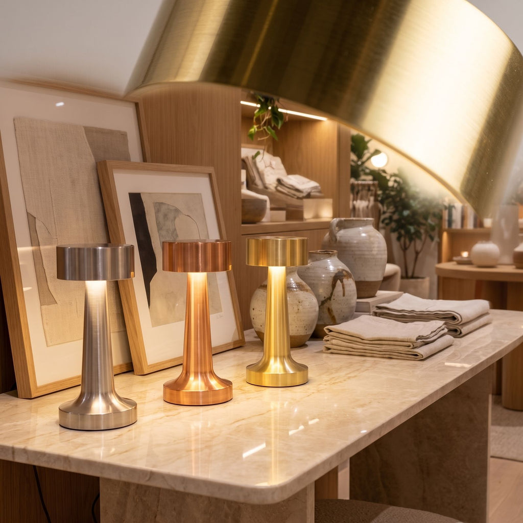 Close view of the material and finish of the Hourglass Metal Rechargeable Table Lamp