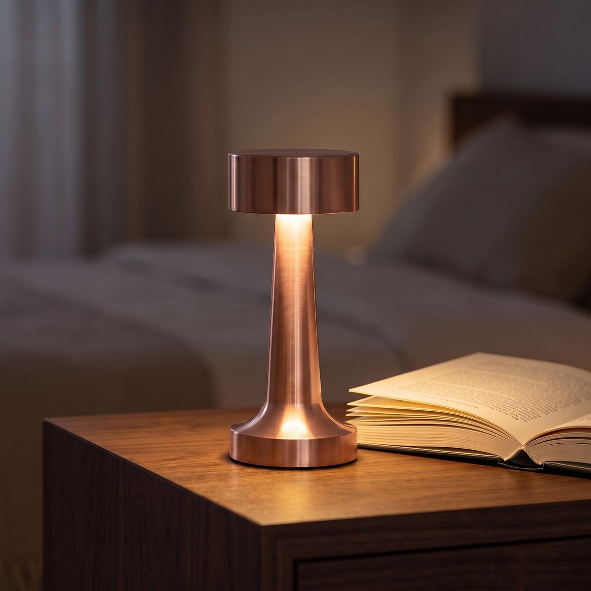 Hourglass Metal Rechargeable Table Lamp in Rose Gold on a bedside table