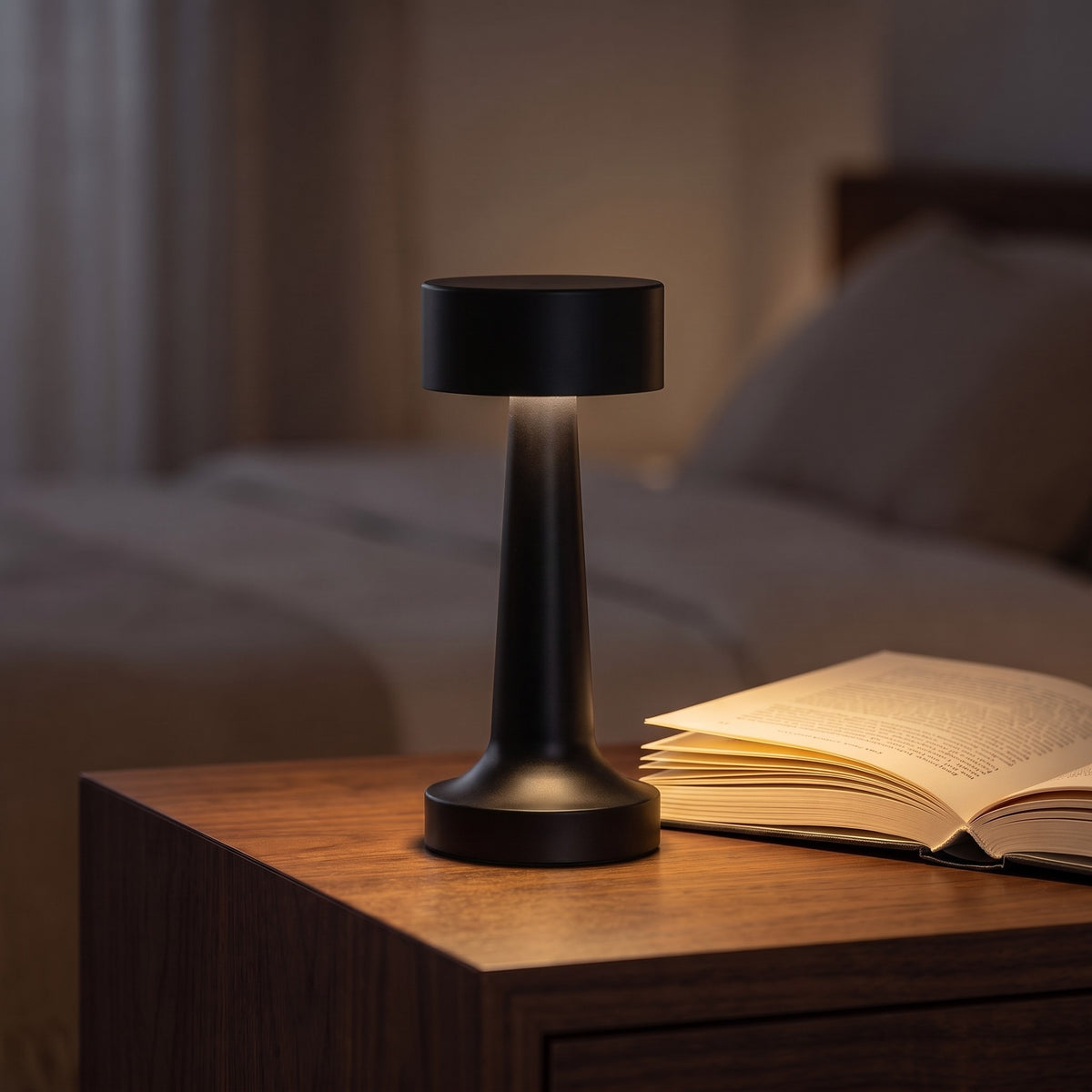 Hourglass Metal Rechargeable Table Lamp in Black on a bedside table