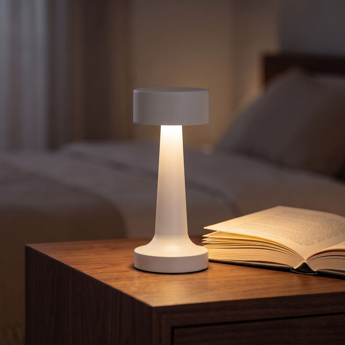 Hourglass Metal Rechargeable Table Lamp in White on a bedside table