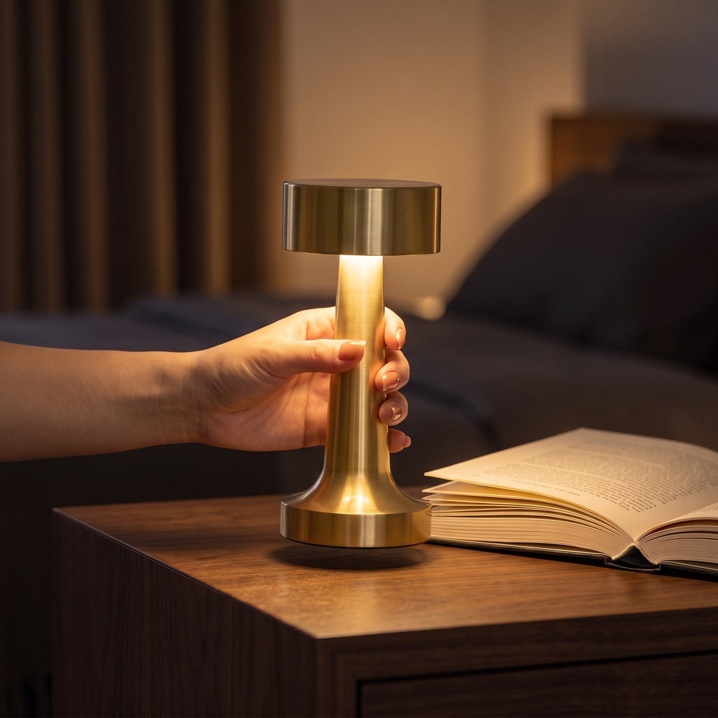 Hand lifting the small cordless Hourglass table lamp to show its size