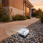 Ice Cube Tempered Glass Solar Path Light beside a front garden path at golden hour