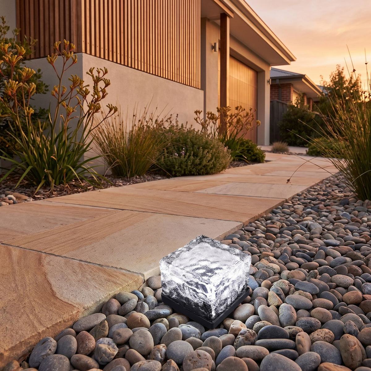 Ice Cube Tempered Glass Solar Path Light beside a front garden path at golden hour