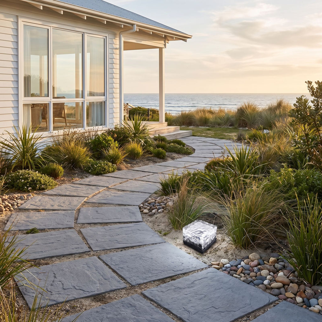 Ice Cube Tempered Glass Solar Path Light at the edge of a garden path, wide view
