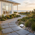 Ice Cube Tempered Glass Solar Path Light at the edge of a garden path, wide view