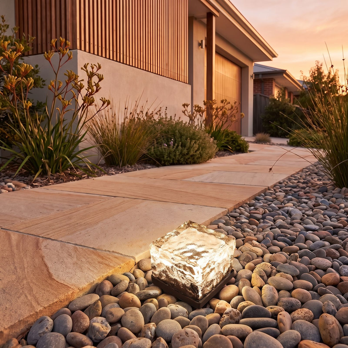 Ice Cube Tempered Glass Solar Path Light with warm white light on pebbles beside a garden path at dusk