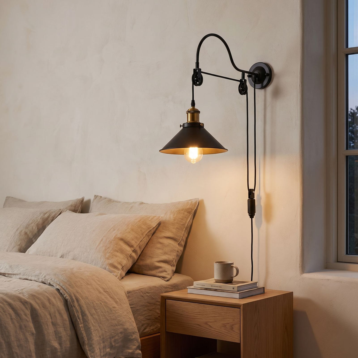 Industrial Pulley Adjustable Height Wall Light beside a bed