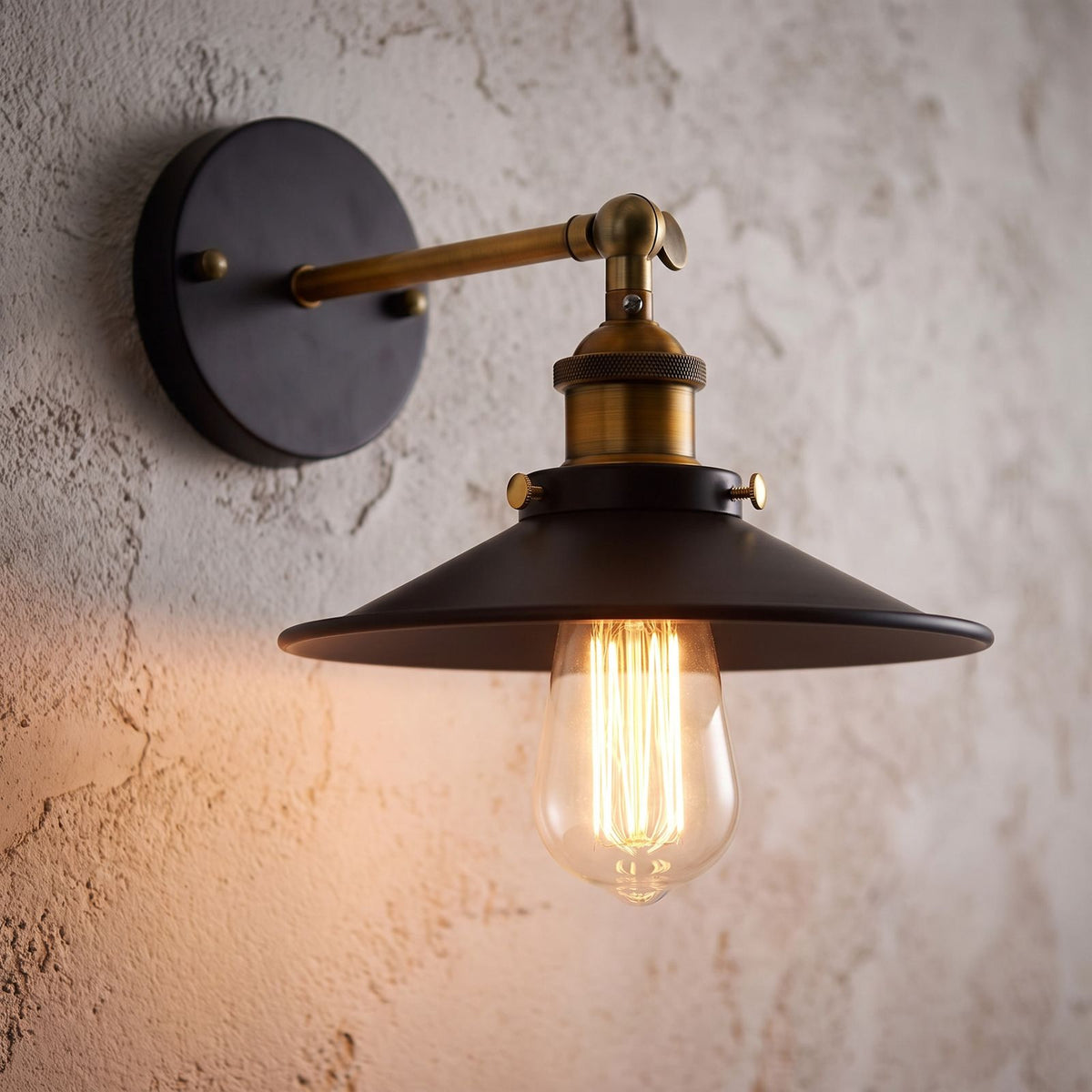 Industrial Saucer Shade Iron Wall Light, close view at 45 degrees on a plaster wall