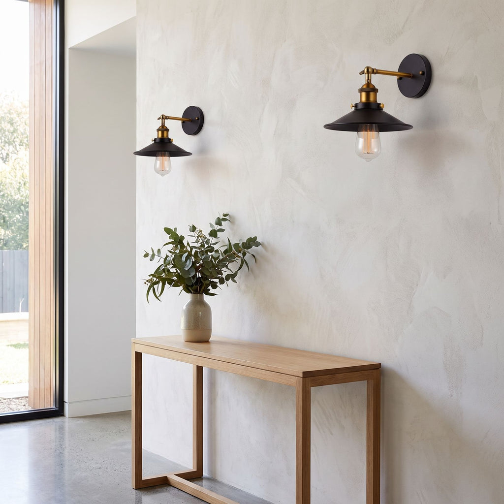 Industrial Saucer Shade Iron Wall Light in a pair on a wall of an Australian home