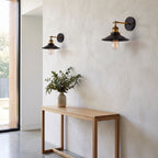 Industrial Saucer Shade Iron Wall Light in a pair on a wall of an Australian home