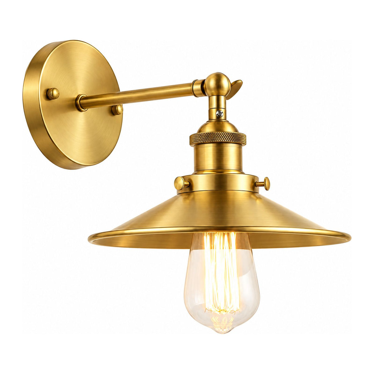 Industrial Saucer Shade Iron Wall Light in Gold on a white background