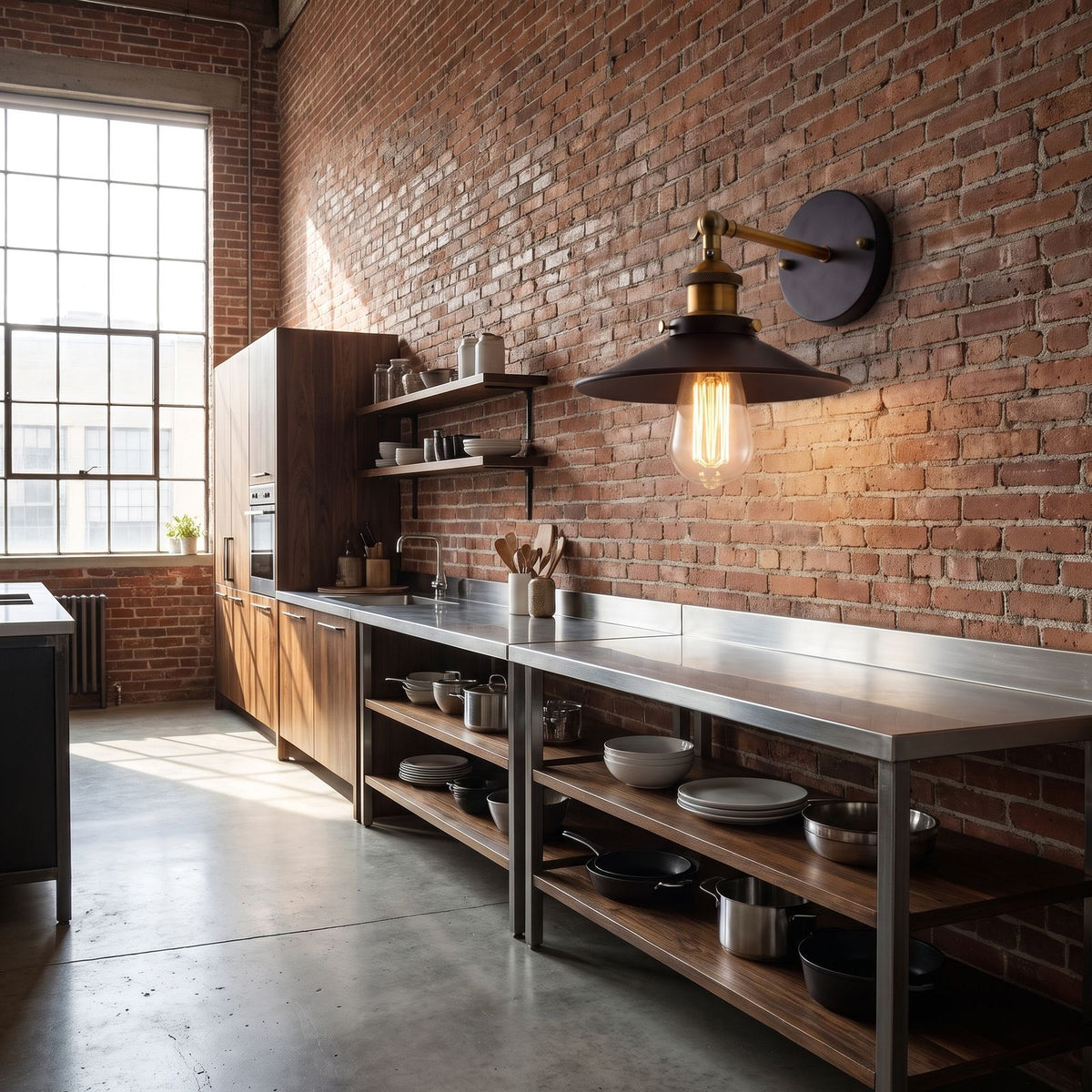 Industrial Saucer Shade Iron Wall Light on a kitchen wall