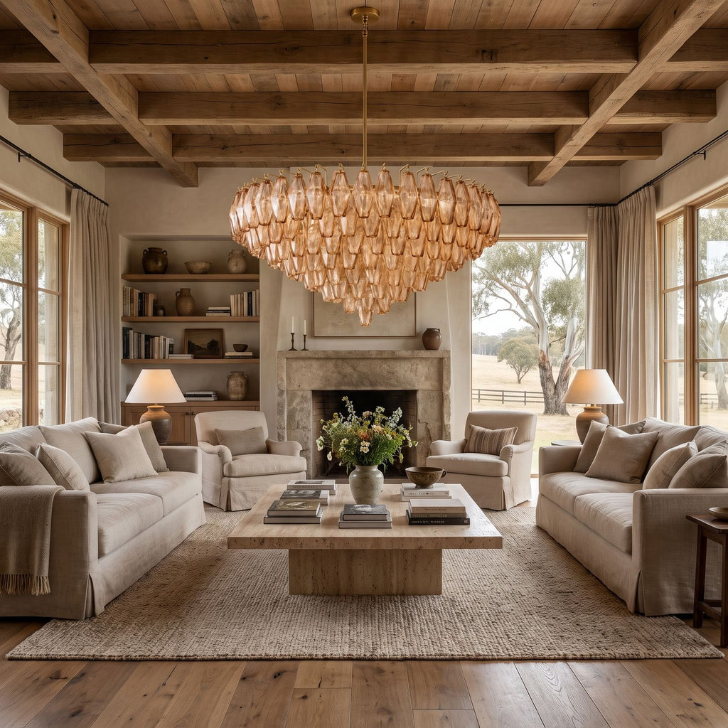 Inverted Dome Faceted Glass Prism Chandelier above a coffee table in a living room in daylight