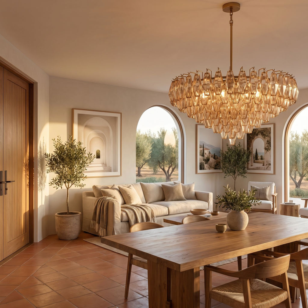 Inverted Dome Faceted Glass Prism Chandelier in an open-plan living and dining room, wide view