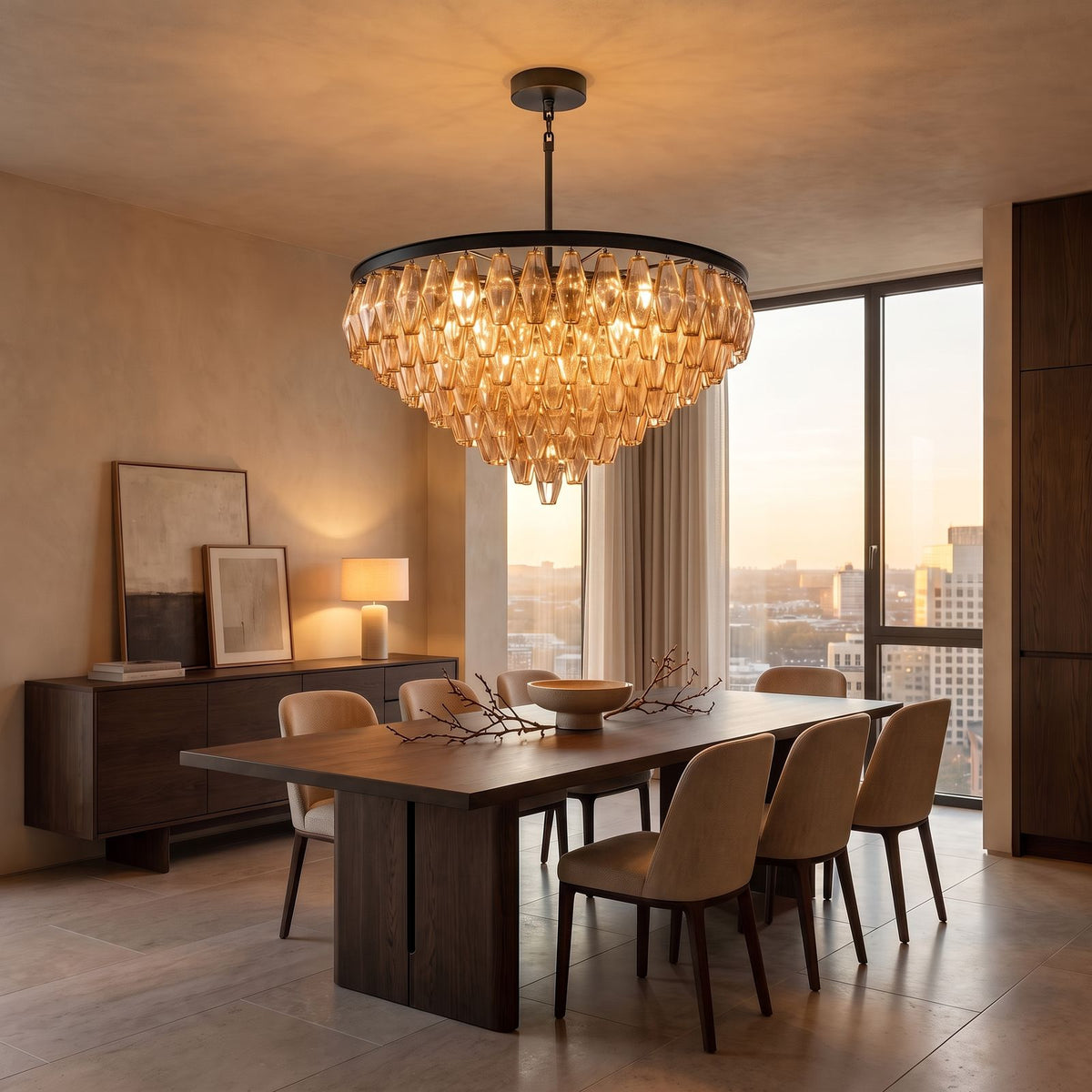 Inverted Dome Faceted Glass Prism Chandelier in matte black above a dining table at golden hour