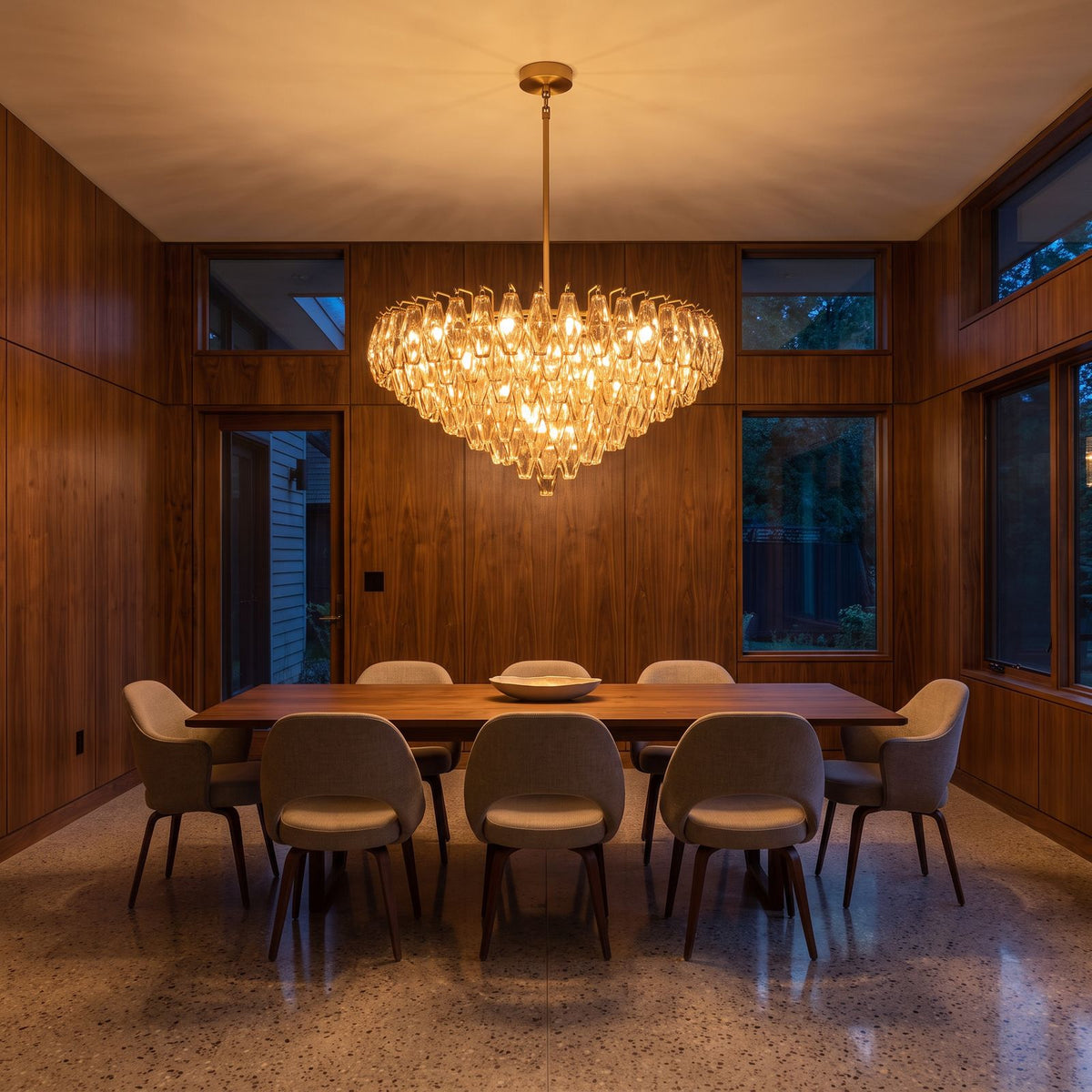 Inverted Dome Faceted Glass Prism Chandelier, 10 tiers, above a dining table