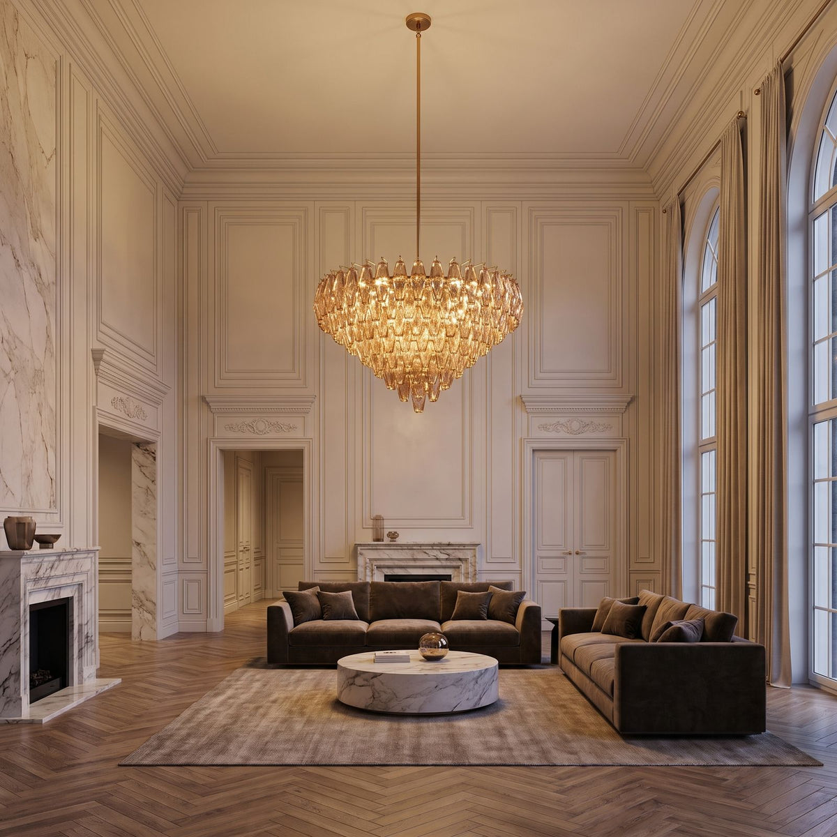 Inverted Dome Faceted Glass Prism Chandelier, 13 tiers, in a double-height living room