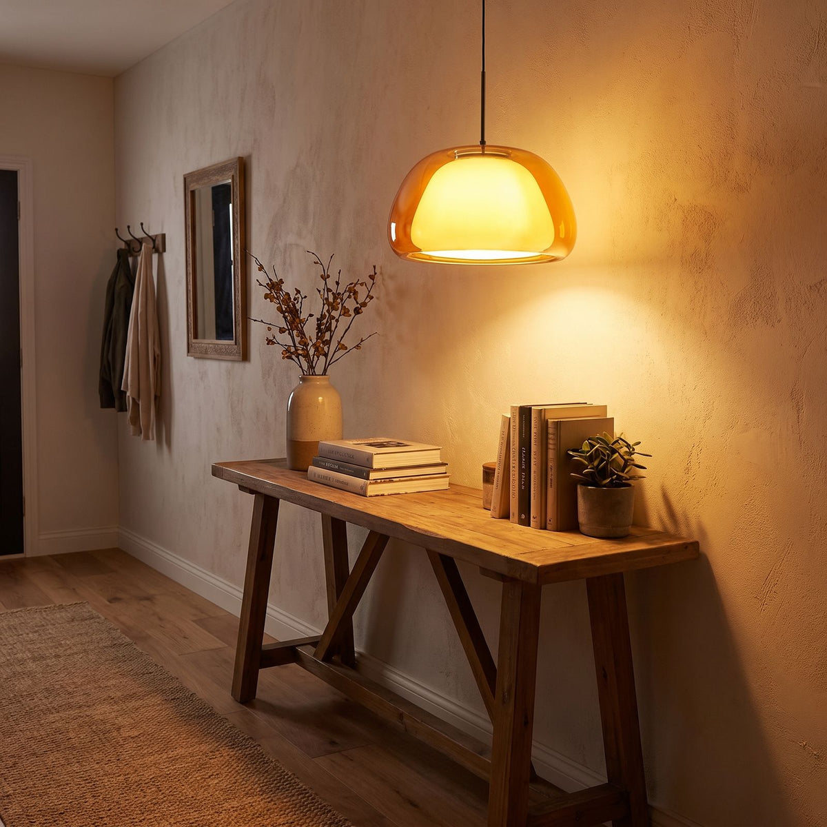 Jelly Glass Dome Pendant Light above a console in an entry hallway