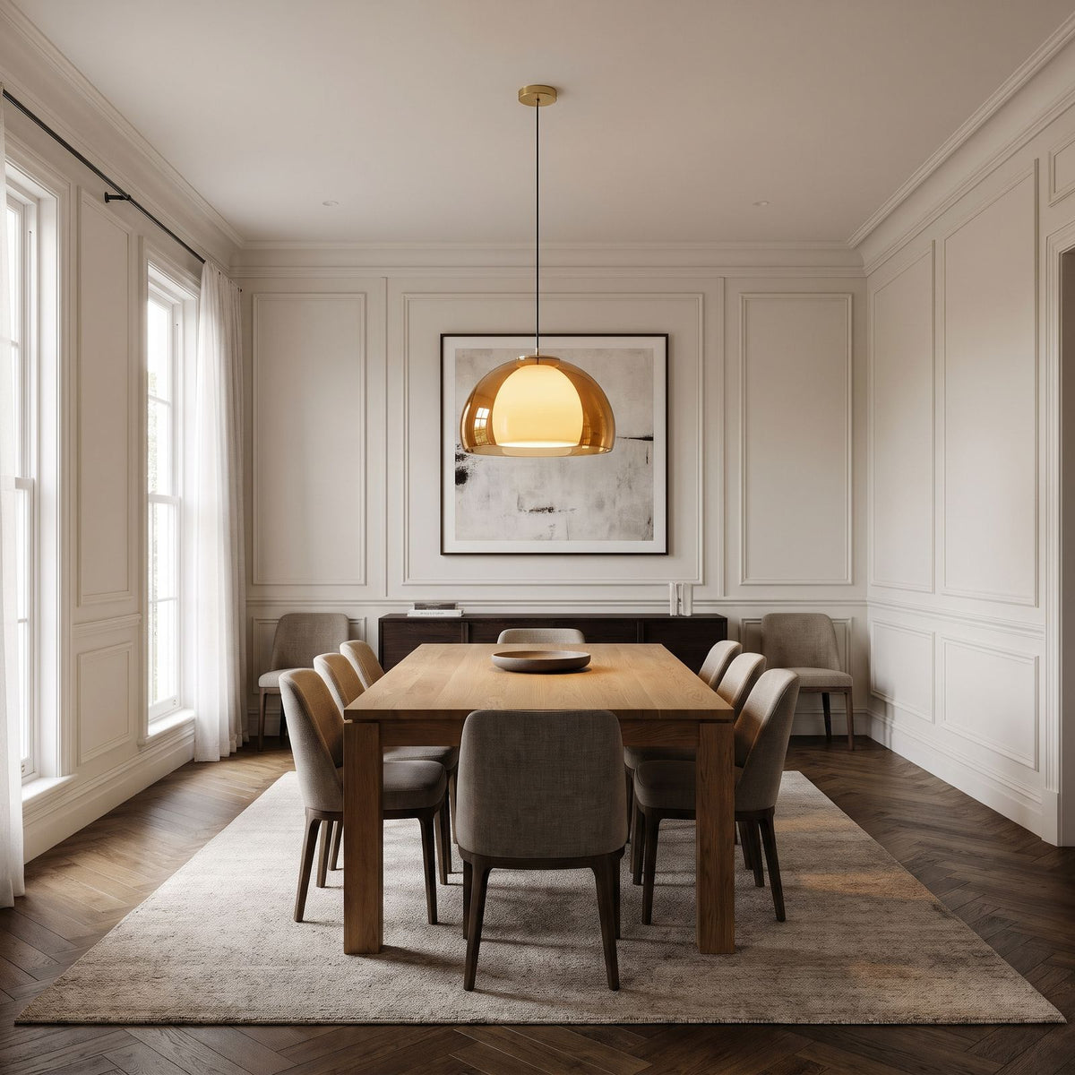 Jelly Glass Dome Pendant Light in amber above a dining table in a panelled dining room
