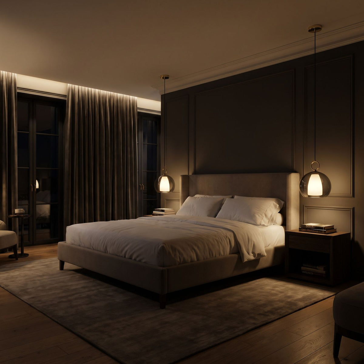 A pair of the smoked grey glass dome pendants, one each side of the bed in a bedroom at night