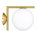 L-Arm Brass and White Glass Globe Wall Light on a white background